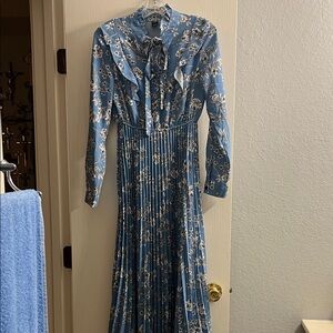 SHEIN Blue Floral Long Sleeve Pleated Maxi Dress with Tie Neck